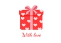 Red gift box surprise with hearts. Present vector illustration for postcard, textile, decor, poster, banner. Greeting Royalty Free Stock Photo