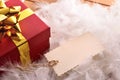 Red gift box with tag on feathers top view Royalty Free Stock Photo