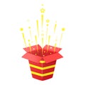 Red gift box with tinsel and confetti. Opened surprise with ribbons. Party explosions. Voucher or banner design. Vector