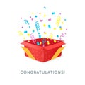 Red gift box with tinsel and confetti. Opened surprise with ribbons. Party explosions. Voucher or banner design. Vector