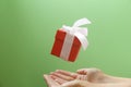 Red gift box with a white bow on a green background