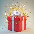 Red gift box with white ribbon and bow exploding with gold confetti present Royalty Free Stock Photo