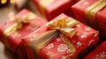 Red gift boxes with gold ribbons and floral pattern Royalty Free Stock Photo