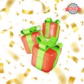 Red Gift Boxes With Green Bows Fly Surrounded By Falling Golden Confetti. Concept Of Present For Birthday, Christmas, New Year Or
