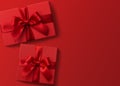 Red gift boxes on red background, Valentine`s day Present flat lay Royalty Free Stock Photo