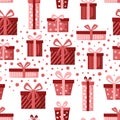 red gift boxes seamless pattern with ribbons and bows on white background Royalty Free Stock Photo