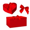 Red gift boxes set for valentine`s day designs. Box tied with red ribbon and bow or rope.