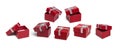 Red gift boxes with silver ribbon complect isolated