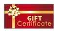 Red gift certificate with golden bow and ribbon. Merry christmas or happy anniversary present. Royalty Free Stock Photo