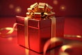 Red gift and gold ribbons on a red background. AI generative