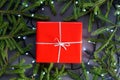 Red gift paper, box with silver ribbon, led garland and fir tree branches around