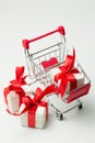 White gift box tied with red ribbon in a shopping cart Royalty Free Stock Photo