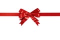 Red gift ribbon bow straight horizontal isolated on white.