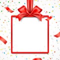 Red giftbox frame with satin ribbon and exploded confetti, gift card vector design Royalty Free Stock Photo