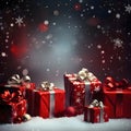 Red gifts with bows on snow in the background falling snow with bokech effect. Xmas tree as a symbol of Christmas of the birth of