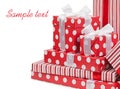 Red gifts boxes gifts tied with white bows ribbon isolated Royalty Free Stock Photo