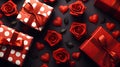 red gifts with polka dots and ribbons, red roses, and paper hearts suggesting a romantic celebration Royalty Free Stock Photo