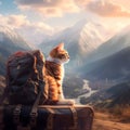 Red ginger cat traveler with backpack sitting on suitcase looking at view of mountains and river Tourism and travel with pets