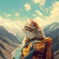 Red ginger fluffy cat traveler with yellow backpack against backdrop of mountains and river Tourism and travel with pets concept