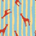 Red giraffe seamless pattern stripe blue yellow background Royalty Free Stock Photo