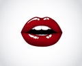 Red girl lips. Woman red mouth. Female chic velvet kiss with lipstick, gloss.Valentines, mothers day logo