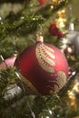 Red glass ball hanging on green Christmas tree branch Royalty Free Stock Photo