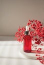 Red glass bottle with dropper pipette with serum or essential oil on concrete plate for product presentation Royalty Free Stock Photo