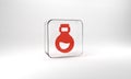 Red Glass bottle with magic elixir icon isolated on grey background. Computer game asset. Glass square button. 3d