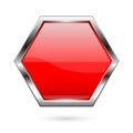 Red glass button. 3d shiny hexagon icon