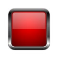 Red glass button. Square 3d shiny icon with metal frame