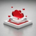 Red Glass Cloud Icon on a Stacked Platform with Floating Cubes computing data Royalty Free Stock Photo