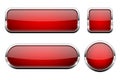 Red glass 3d buttons. With chrome frame. Set of web icons Royalty Free Stock Photo