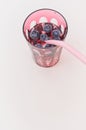 Red glass filled with vodka and fresh blueberrie fruits with drinking straw