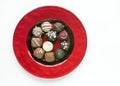 Red Glass Plate of Assorted Gourmet Chocolates Royalty Free Stock Photo