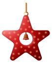Red glass star. Festive tree decoration with small bell
