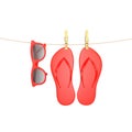 Red glasses and flip flops hanging on rope with clothespins, isolated on white, summer background