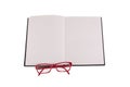 Red glasses placed on notebook, the picture with the place for your text.