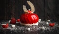 Red glazed cake decorated with white chocolate and raspberry Royalty Free Stock Photo