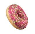 Red glazed round donut with sprinkles isolated. Side view Royalty Free Stock Photo