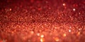 Red glitter lights. Shiny sparkles, bokeh effects, glowing surface. Selective focus, christmas abstract banner Royalty Free Stock Photo