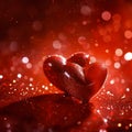 Red glittery hearts with bokeh effect on a red background. Valentine's Day and romance concept for greeting card and Royalty Free Stock Photo