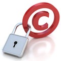 Red glossy copyright sign with padlock on a white