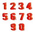 Red glossy cracked breaking pieces 3D realistic digits numbers broken discount decoration set isolated on white design