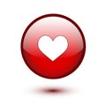 Red glossy heart button on white