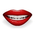 Red glossy lips female smile mouth teeth stylish women lipstick fashion cosmetics mockup on white design vector