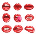 Red glossy lips set, girls mouth with red lipstick makeup expressing different emotions vector Illustrations on a white