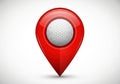 Red glossy map marker pin with golf ball texture isolated on white background Royalty Free Stock Photo