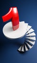 Red glossy number one on the top of spiral stairs - 3D rendering illustration Royalty Free Stock Photo