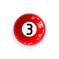 Red Glossy Pool Billiard Ball Number Three 3 Isolated on White Background. Royalty Free Stock Photo