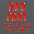 Red glossy vector font or red alphabet. Red colored typeface. Red colored alphabet typographic illustration.